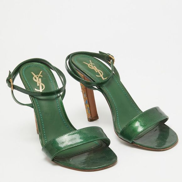 Yves Saint Laurent Green Patent Leather Ankle Wrap Sandals Size 39 - Picture 4 of 4